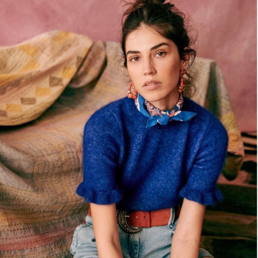 Sezane Sweaters Mindy Jumper Electric Blue Ruffle Sleeve Medium